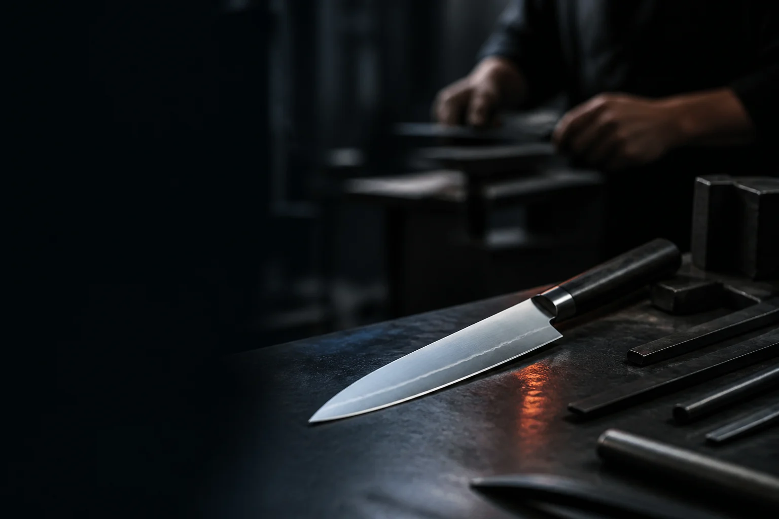 Editorial view of a stainless chef knife in a metalworking atelier