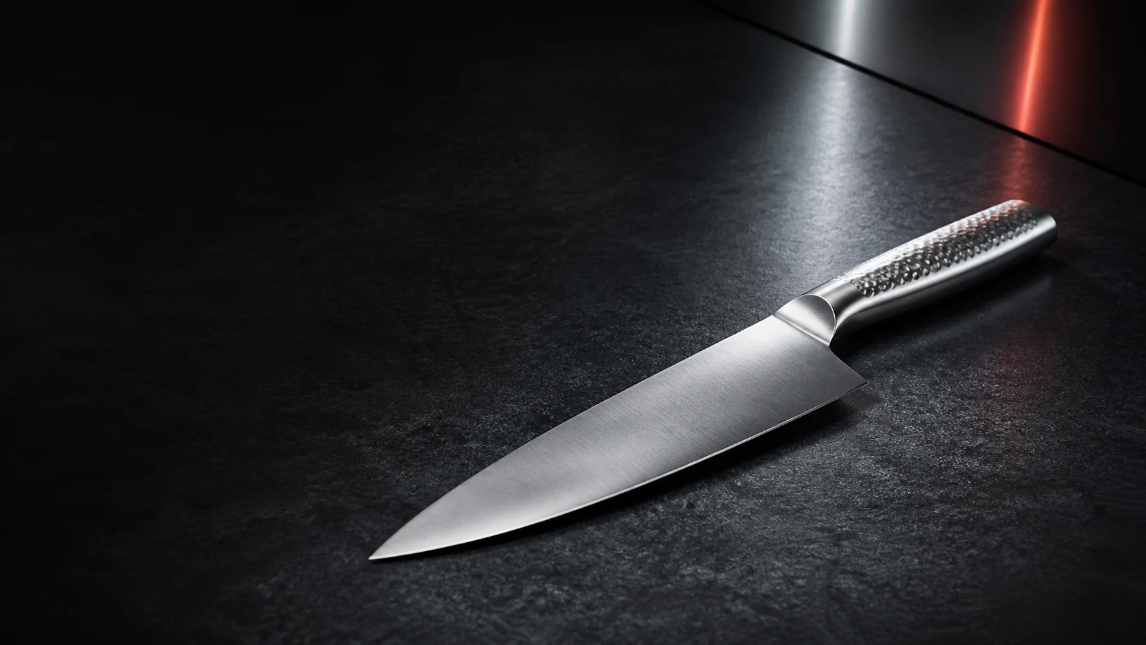 Editorial view of a stainless Japanese chef knife