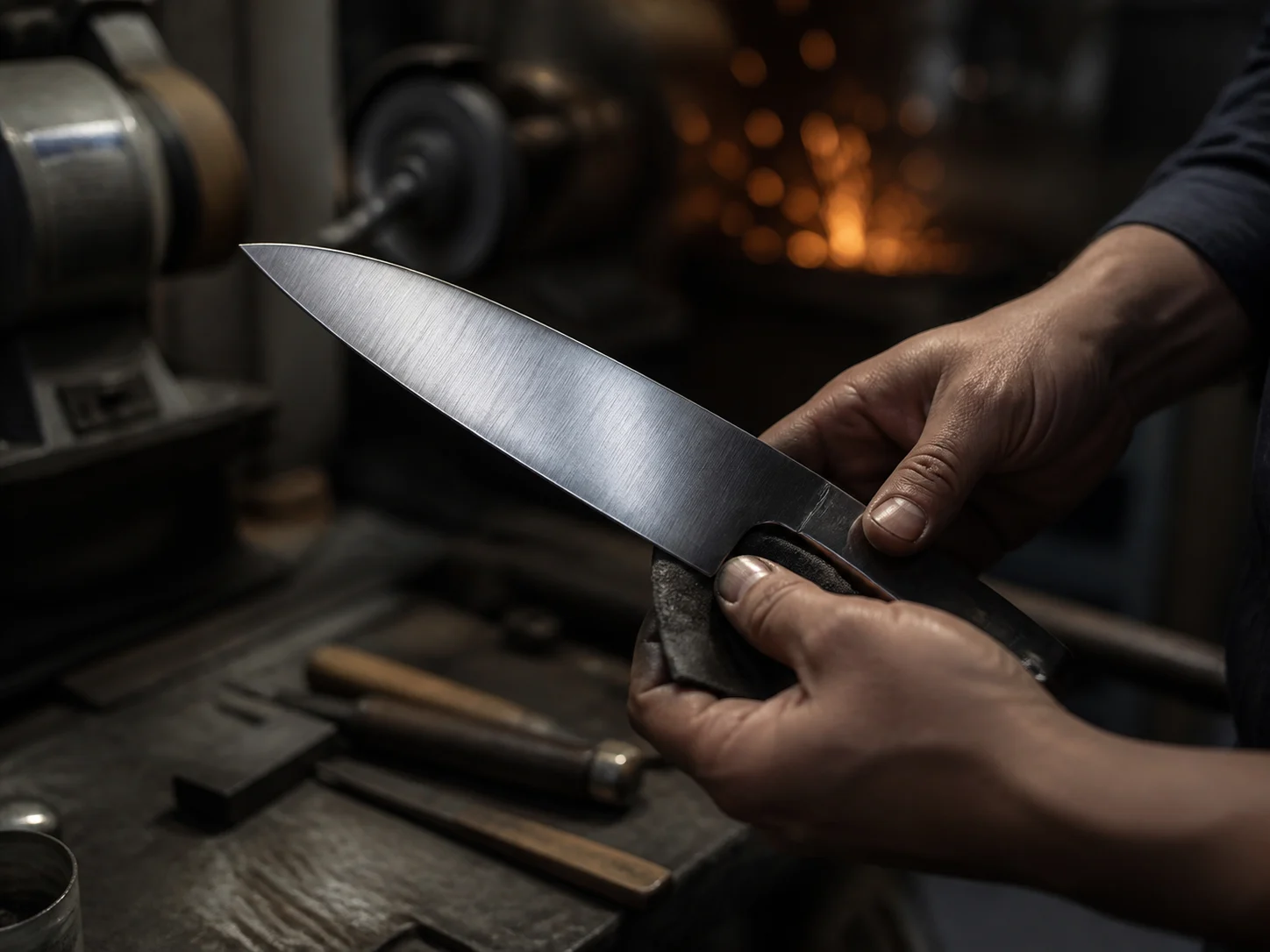 Hands finishing a stainless chef knife in a metalworking workshop